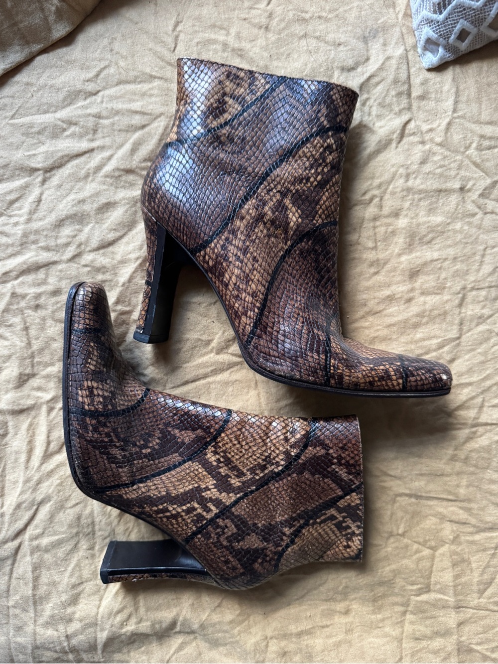 Via Spiga Brown Snake-Print Ankle Booties